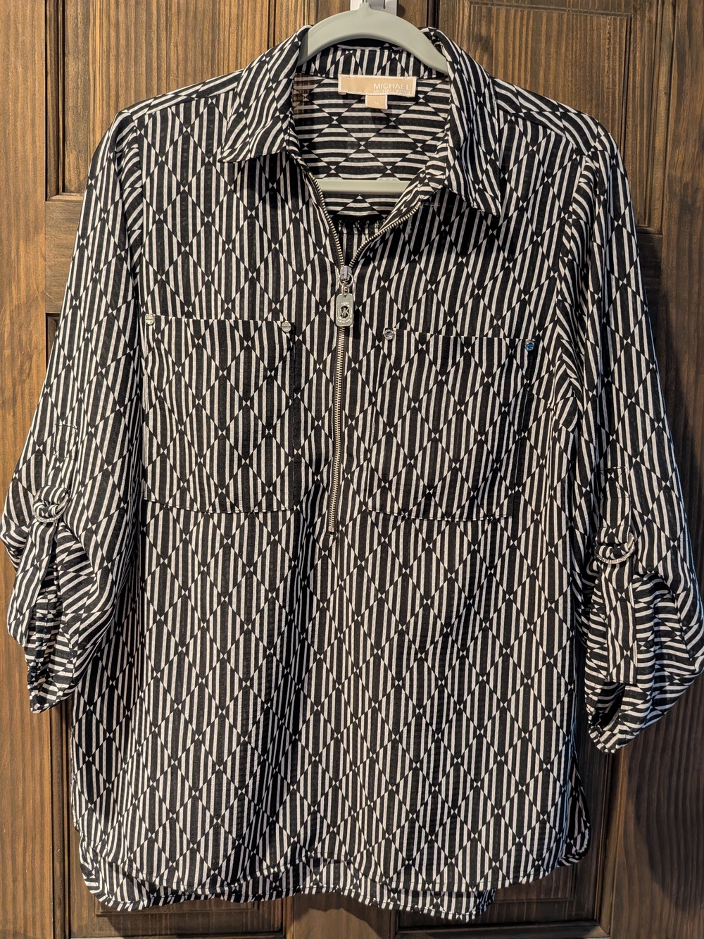 Michael Kors Black and White Geometric Zip-Front Casual Shirt